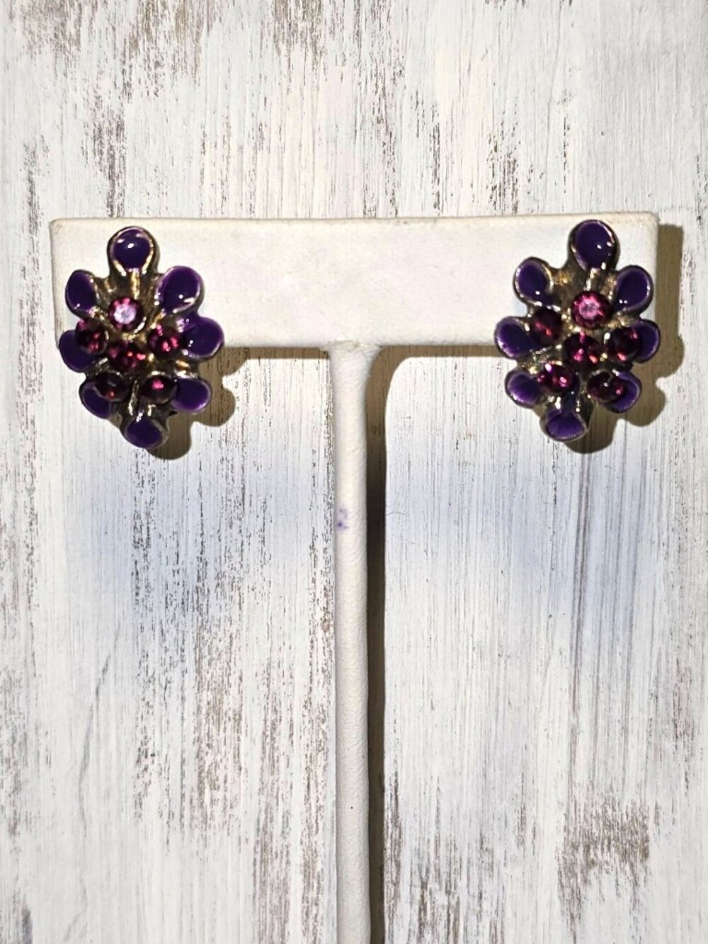 Vintage 1960s Amethyst Rhinestone Enamel Cluster Clip-on Earrings